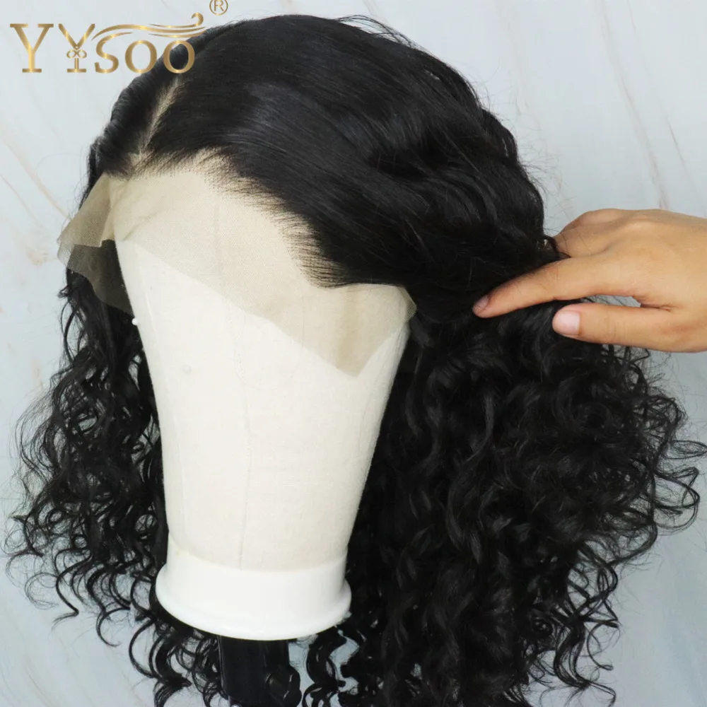 YYsoo-Peluca de cabello sintético para mujer, pelo largo negro rizado, parte en T, fibra resistente al calor, rayita Natural de alta densidad