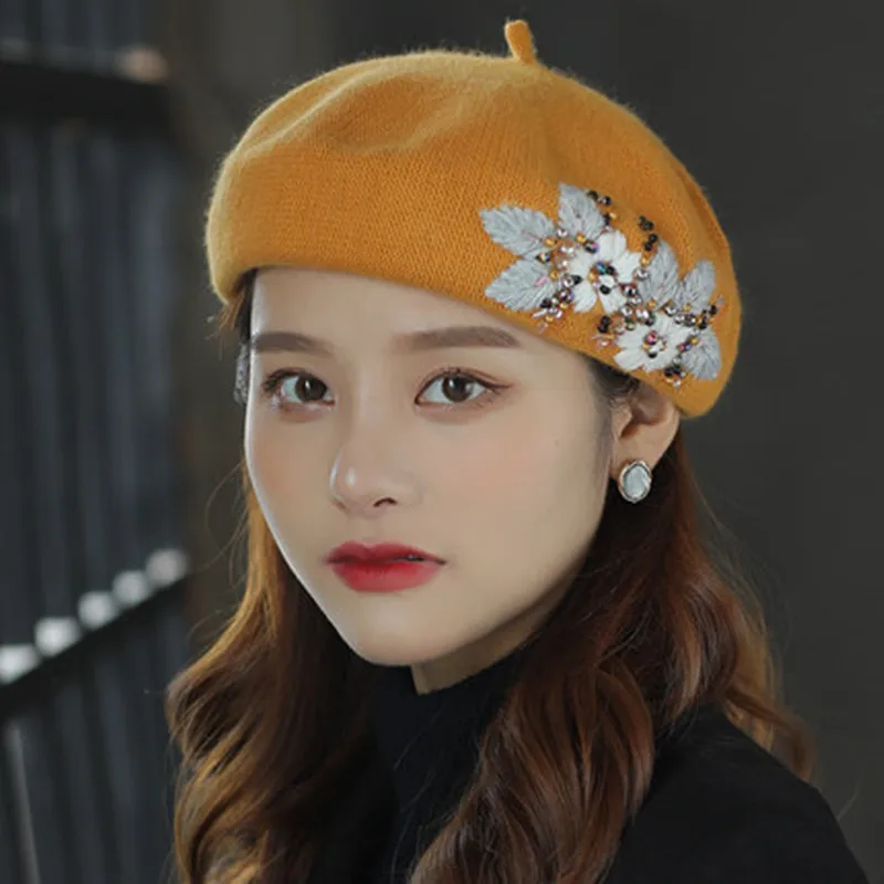 Beret Hats for Women French Artist hat Fashion Ladies Winter Beanie Embroidered Handmade Flower with Colorful Crystal