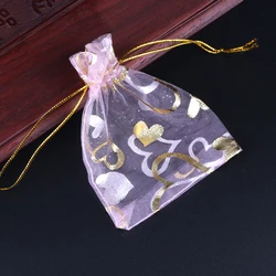 New 50pcs/Lot 7x9 9x12 11x16 13x18cm Printing Roses Love Christmas Organza Sack Drawstring Charm Packaging Bags Daily Jewelry