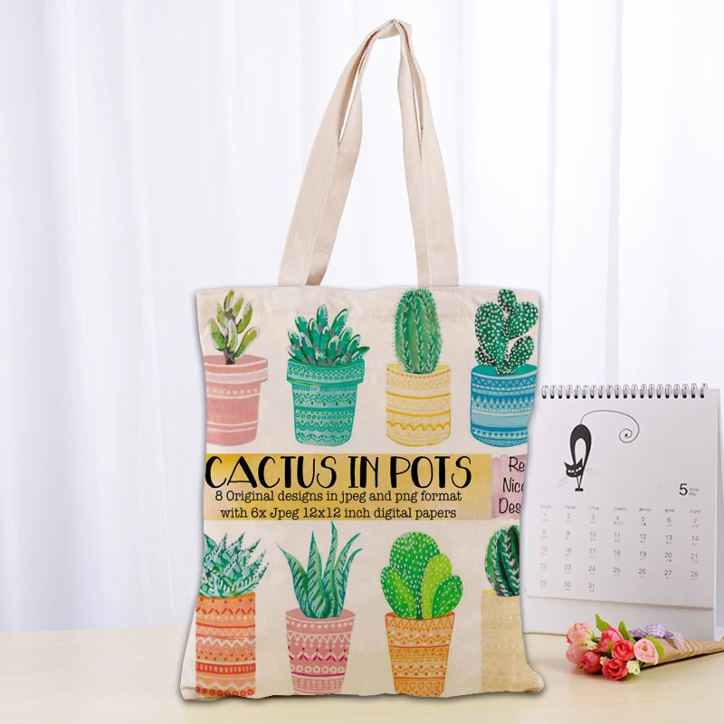 High Quality cactus Canvas Tote Bag Fashion Durable Women Student Cotton Linen Handbag Printed Shopping Bags Custom logo