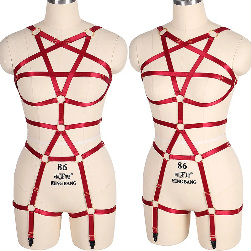 

Goth Body Harness Sexy Bodysuit Bondage Hollow Pentagram Body Cage Women Red Punk Adjust Garter Belt Star Harness Bra