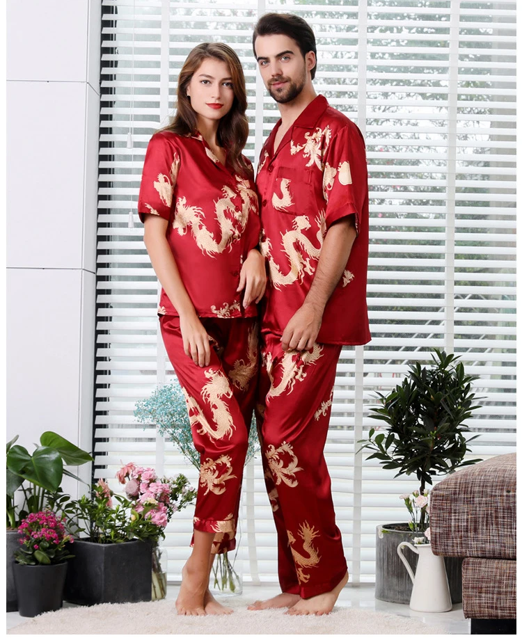 Couple Silk Satin Pajamas Set Long Sleeve Sleepwear 2PC Pyjama Pajamas Suit Lounge Wear Pijama Sleep 2PC Set