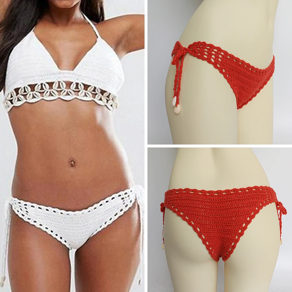 Parte inferior de Bikini de algodón para mujer, Bikini de ganchillo Sexy único, Tanga, traje de baño de cintura baja calado, bragas triangulares,