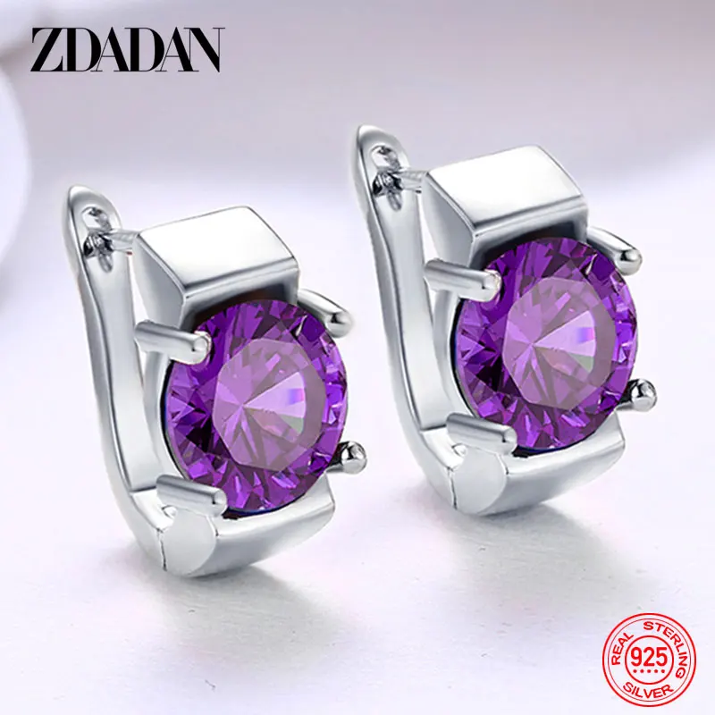 ZDADAN 925 Sterling Silver Amethyst Hoop Earrings Dla kobiet Moda Biżuteria ślubna Prezent
