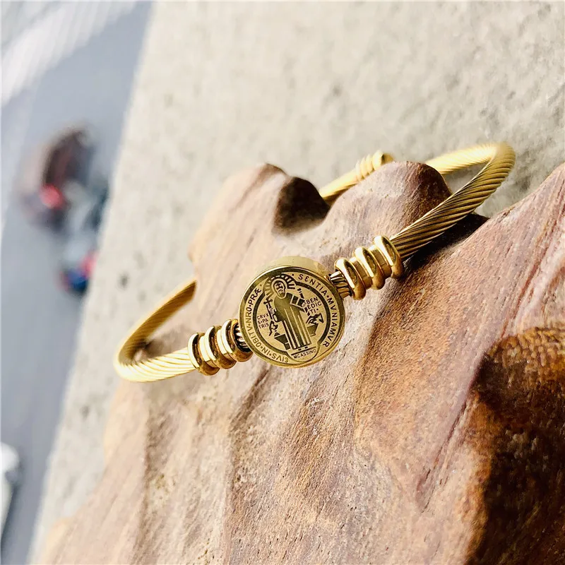Catholic St. Benedict Geometric Medal Wire Bangles For Statement Stainless Steel San Benito Pulseras Mujer