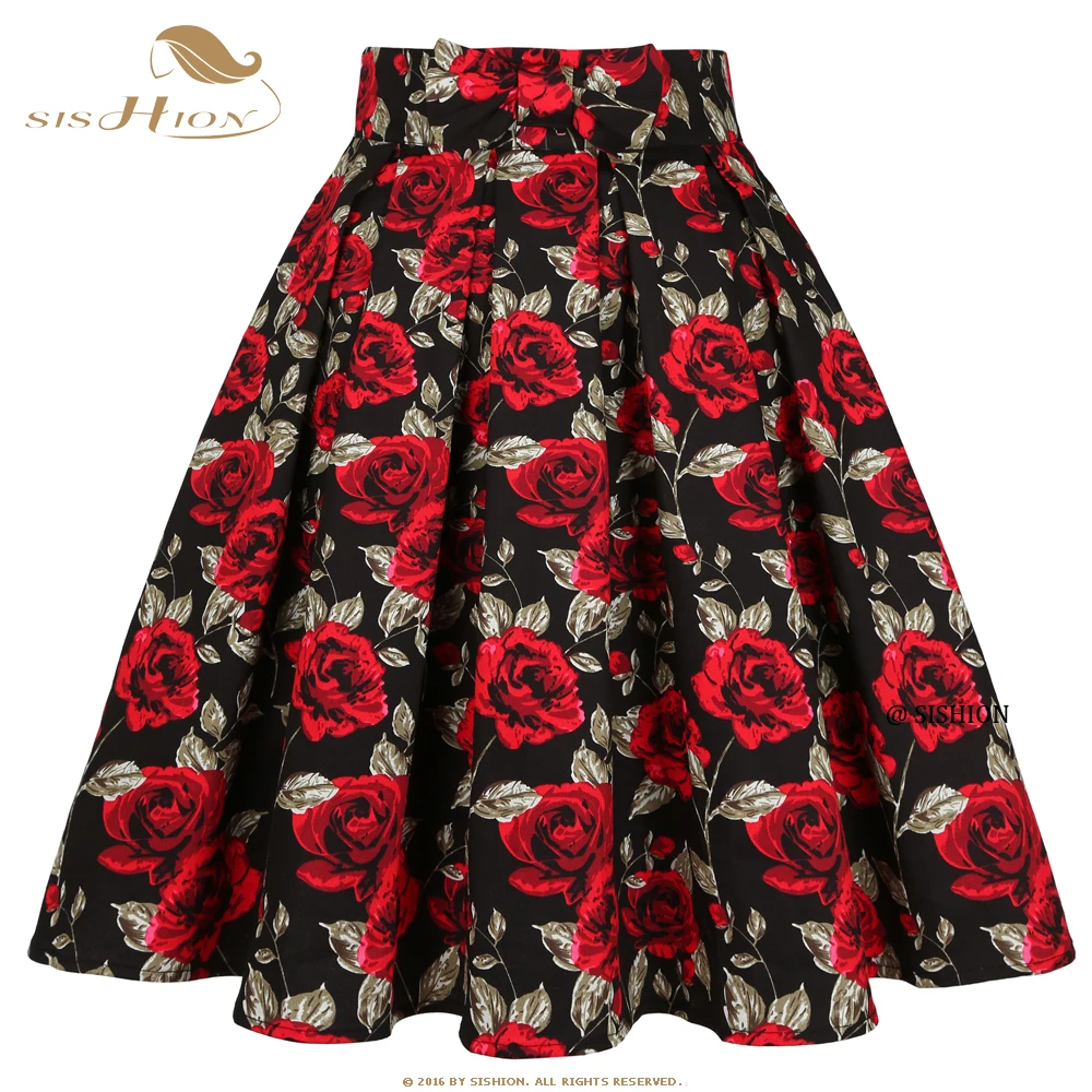 

2024 Spring Summer Rose Print Black Floral Skirt SS0012 High Waist Vintage Cotton Midi Pleated Skirt Jupe Gift