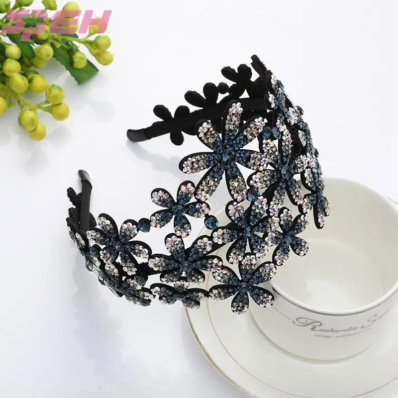 Hair accessories Rhinestone hair hoop female three-dimensional flower head hoop drill wide edge toothed hairpin hair ornament