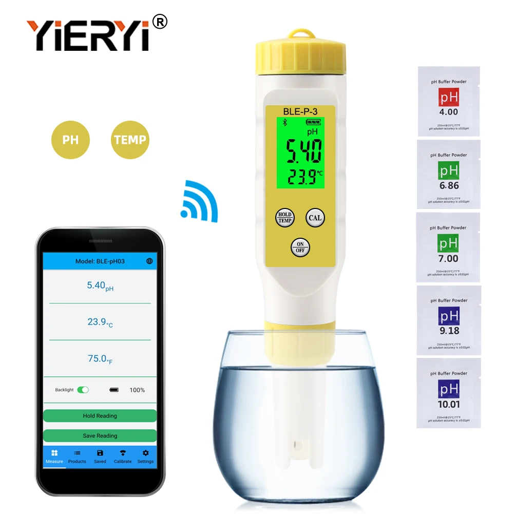 

Yieryi Bluetooth PH Meter BLE-P-3 Water Quality Pen ATC Aquarium Drinking Water Acidity Data Logger Detector 0-14 PH Tester