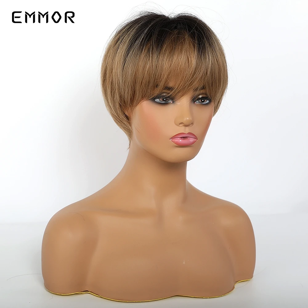 Emmor peruca de cabelo sintético, peruca curta com ombré preto a marrom, em camadas, natural com franja resistente ao calor