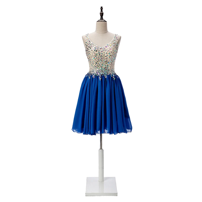 

Sexy Illusion V Neck Homecoming Dresses Short Chiffon Graduation Dress Crystal Mini Prom Party Gowns vestido de fiesta