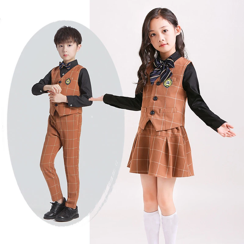 

Children College Style Vest Set Kids Spring Autumn Primary School Uniforms Clothing Set Boys Girls Vest Pants Shirts Bowtie