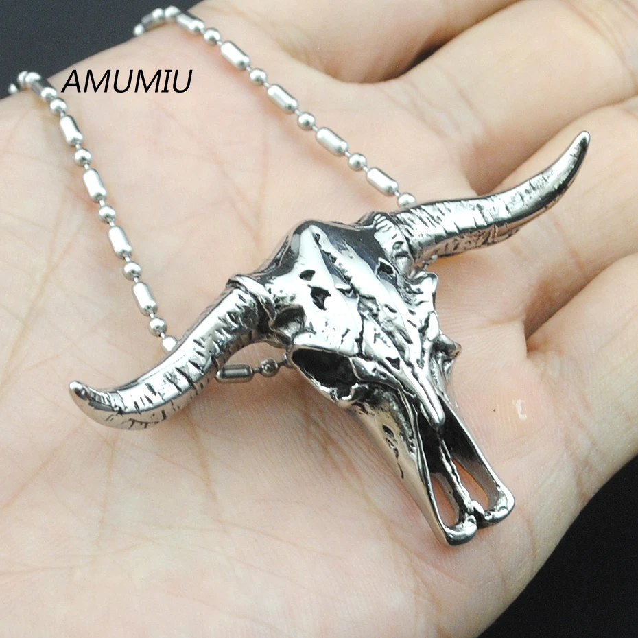 AMUMIU Skull Head Bull Pendant Necklace For Man Boy Gothic Men's Stainless Steel Cow Rider Jewellery HP003