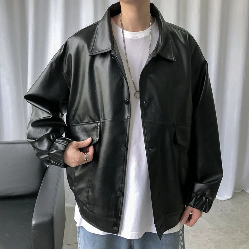 2022 Spring New Loose Soft Leather Jacket Single Breasted Jacket Men Casual Biker Jacket Men Jacket Leather Large Size XXL