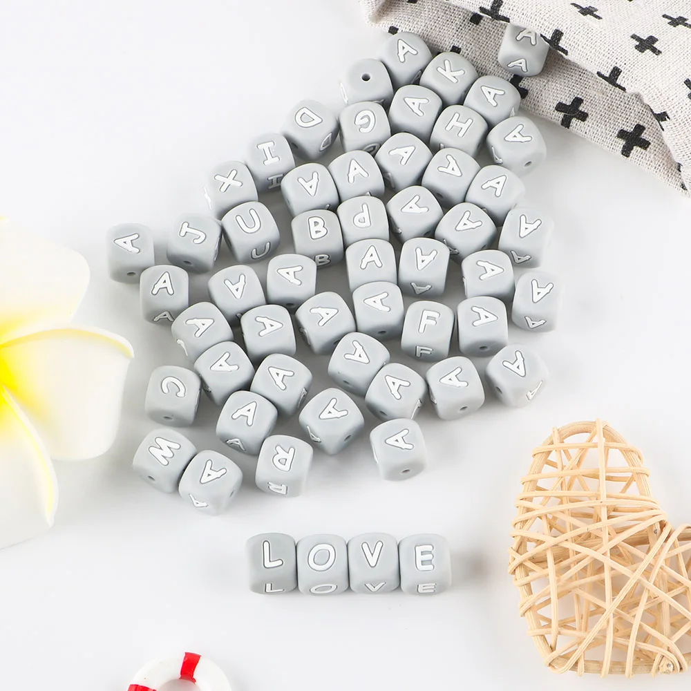 English Gray  Alphabet Baby Silicone Letter Beads 12MM 10Pcs Beads Letters For Jewelry Making DIY Pacifier Chain Accessories