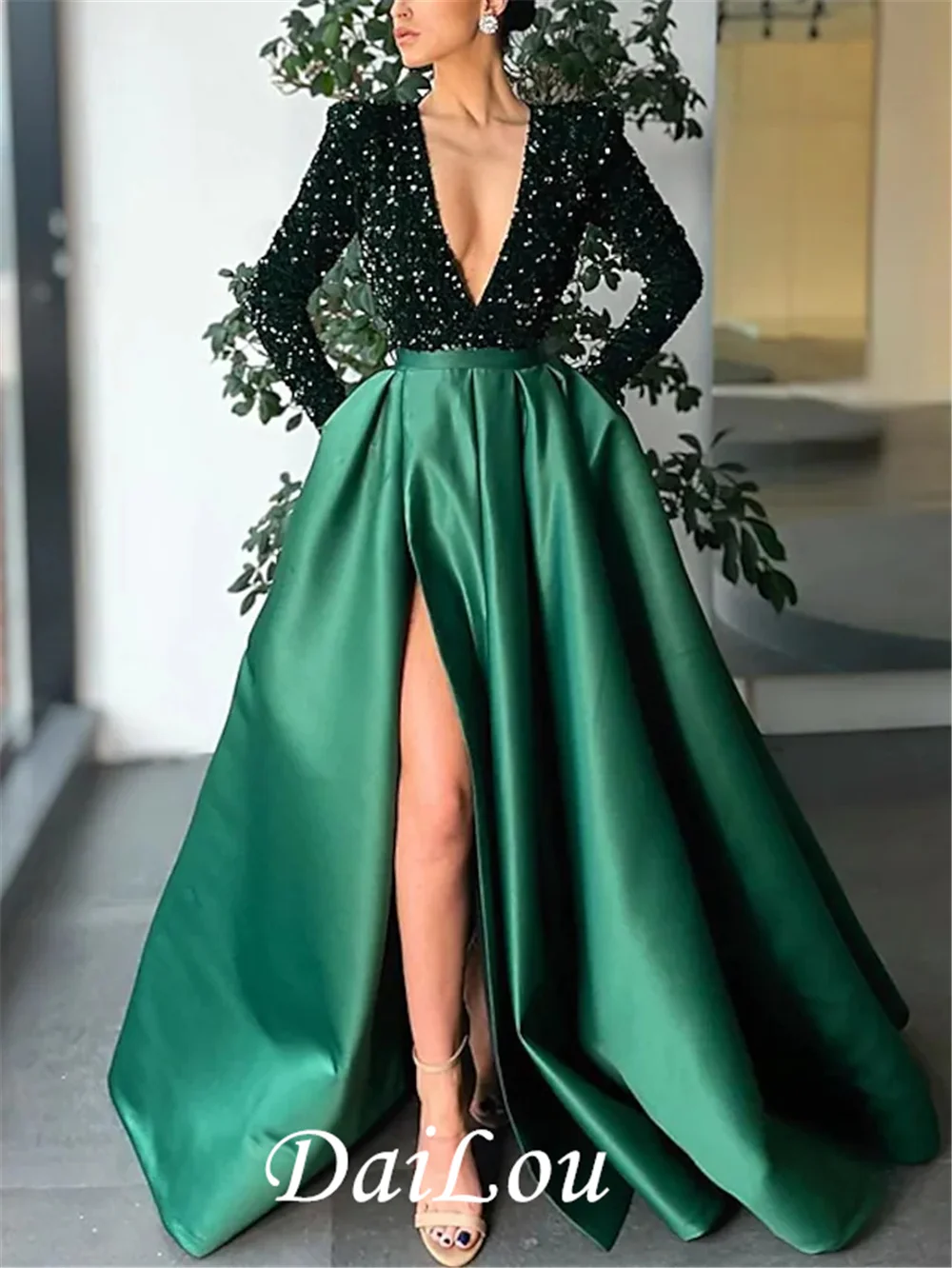 A-Line Sparkle Party Wear Formal Evening Dress V Neck Long Sleeve Floor Length Satin Sequin With Crystals Split 2023