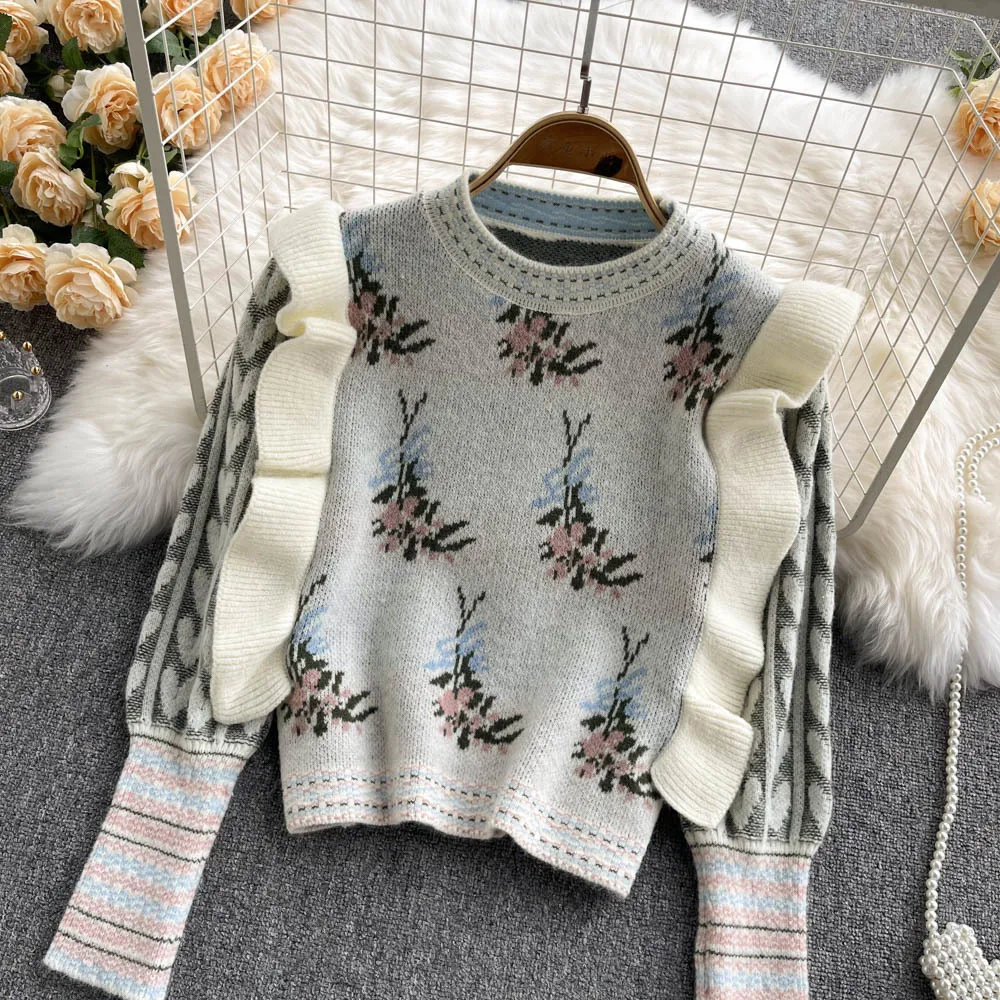 Women\'s Knit Sweater Za 2022 Fashion Ladies O-Neck Stitching Ruffle Streetwear Female Clothing Comfortable Streetwear