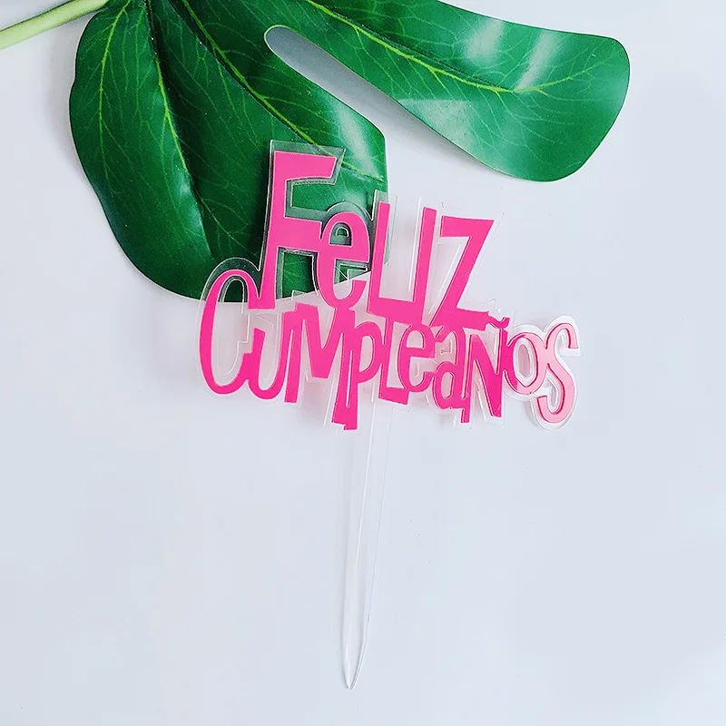 New Spanish Language Happy Birthday Cake Topper Pink Gold Acrylic Birthday Party Cake Topper for Boy and Girl Dessert Decoration