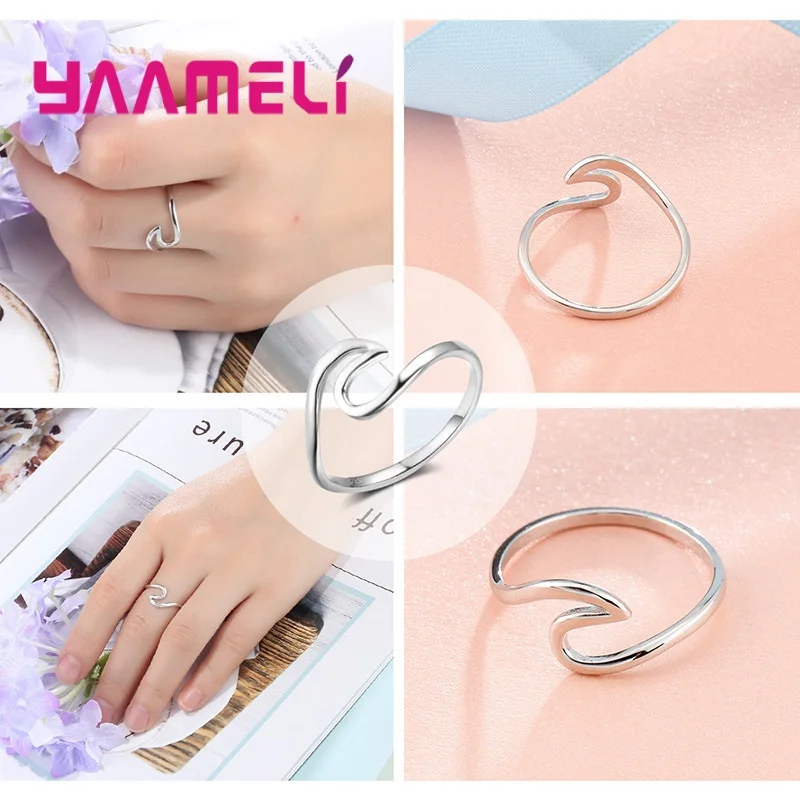 Popular Wave Band Ring Shining Original 925 Sterling Silver Creative Handmade Smooth Statement Unisex Party Stackable Jewelry