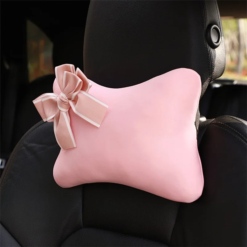 Cute Bowknot Universal Car Seat Headrest Neck Pillow Auto Seat Belt Cover Shoulder Pad Car Accessories Interior for Women Pink