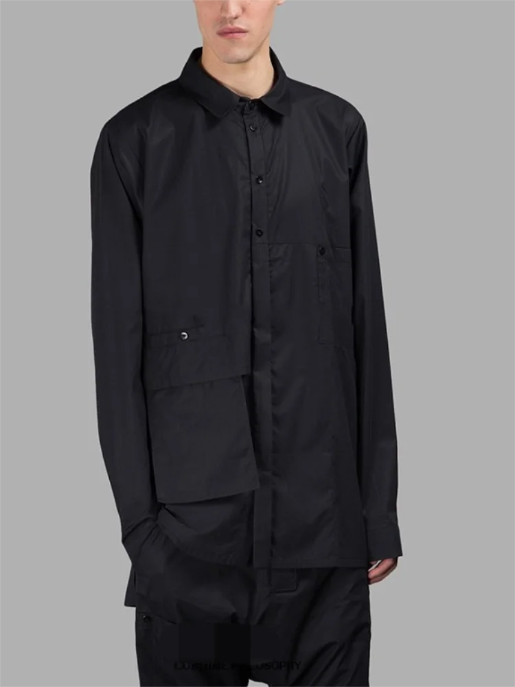 

Мужская рубашка с длинным рукавом, темно-синяя рубашка с квадратным воротником и асимметричным швом, с двойной спинкой, весна-осень