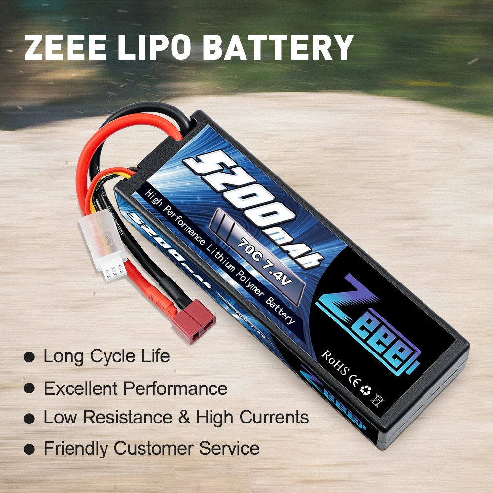 Zeee-Bateria Lipo com Deans Plug, 7.4V, 70C, 5200mAh, 2S, estojo rígido para veículos RC, carro, caminhões, avião, barcos, 1, 8, 1, 10