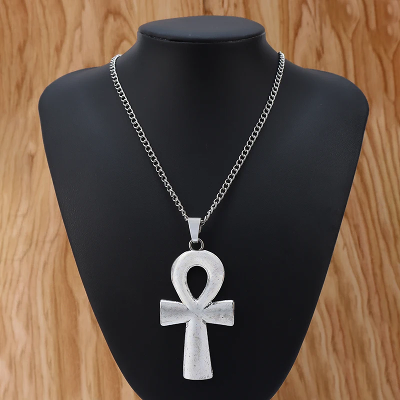 Large Metal Ankh Egyptian Cross Pendant Long Curb Chain Necklace Lagenlook 34