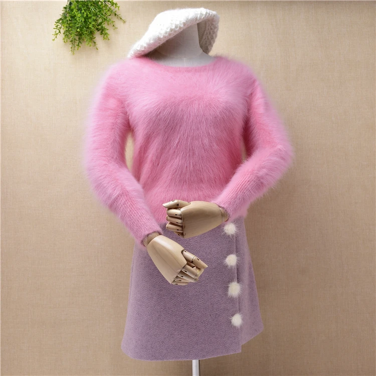 women sweater PINK sweet winter mink cashmere pure soft angora rabbit fur made o-neck slim sweaters pullovers