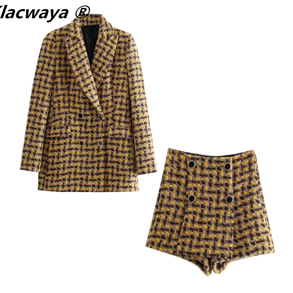 Tweed Set Women Suits 2021 Two Piece Set Women Double Breasted Blazer High Waist Skirt Shorts Plaid Women Suit With Shorts