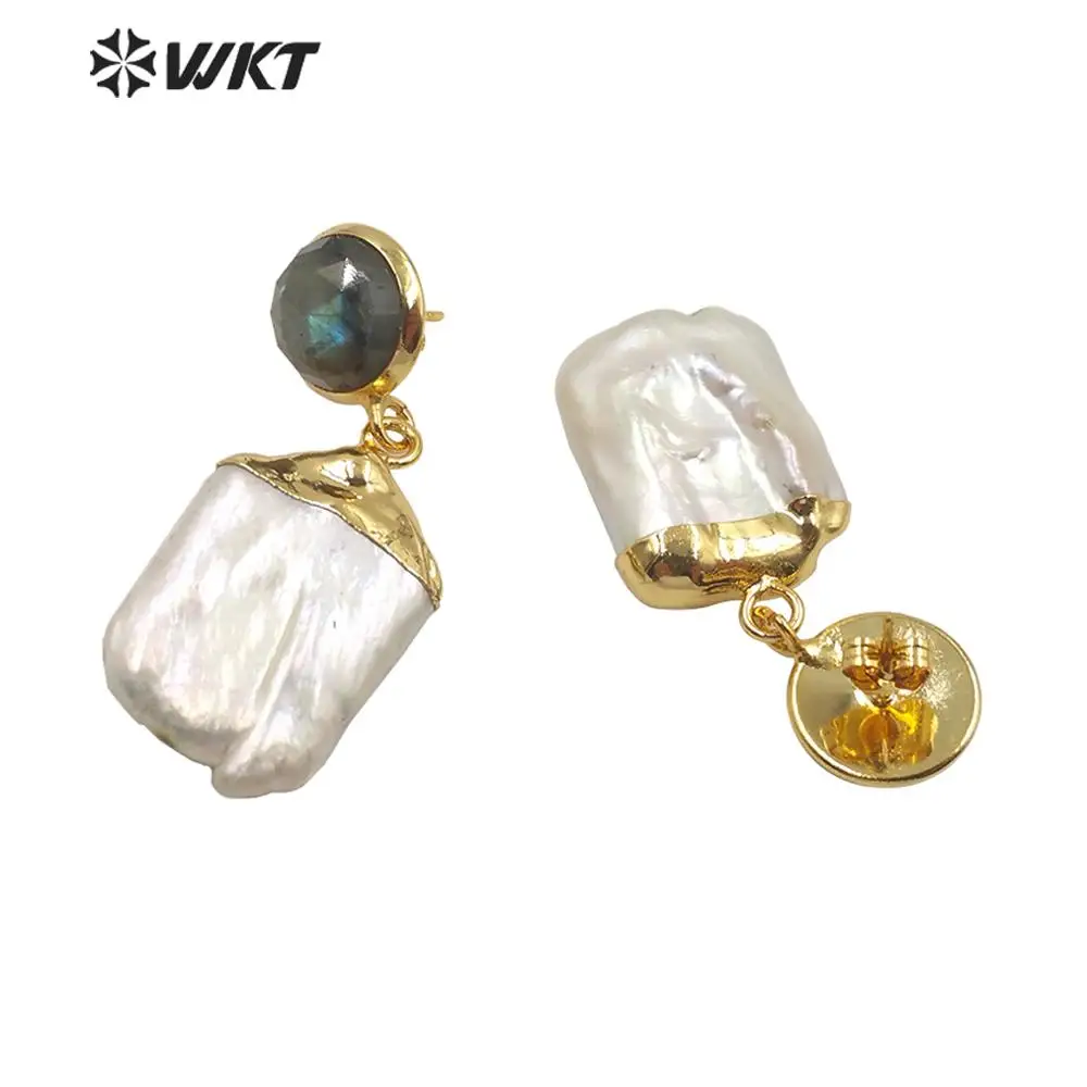 WT-MPE006 WKT Natural Pearl Earrings Labradorite & Pearl Gold Electroplated Pearl Earrings Fashion Jewelry Gift For Lady