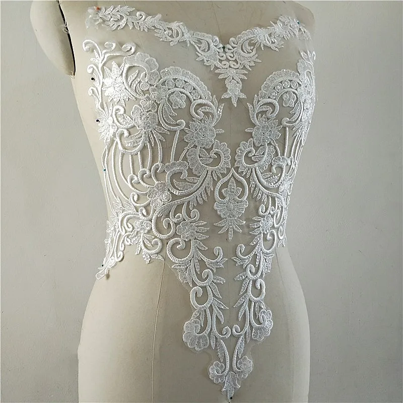 1Pc Long Clear Sequins Ivory Embroidery Body Lace Flower Patch Wedding Evening Dress Decorative Material Accessory