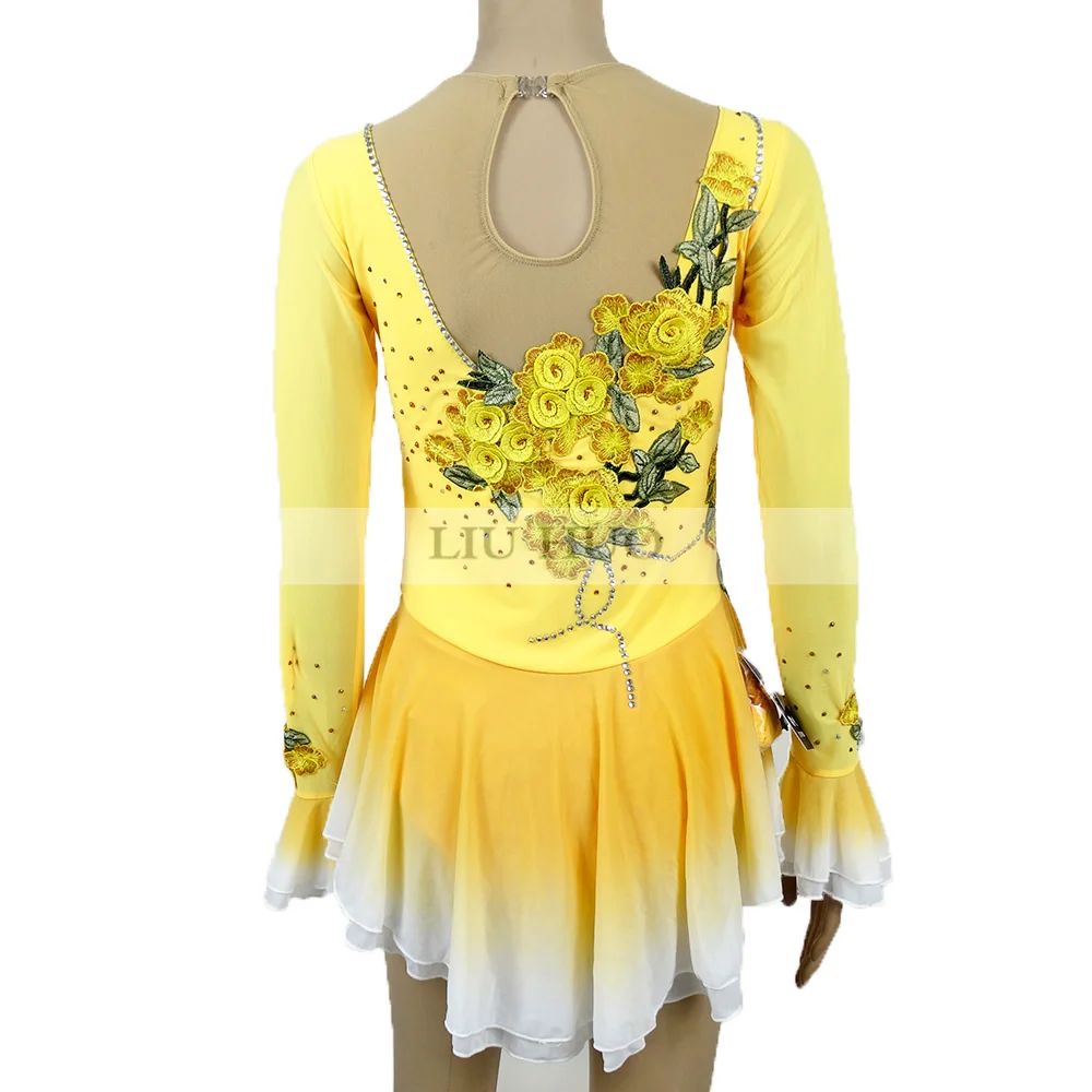 LIUHUO Women Girl Adult Performance Ballet Gymnastics Competition Leotard Ice Figure Skating Dress Long Sleeve Yellow Flower