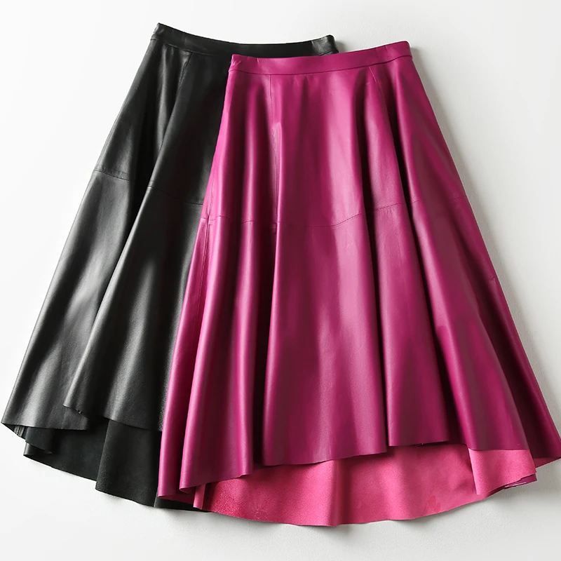 LUXURY Women Genuine Leather Over Knee Purple Skirt Female Fashion Long Pleated Jupe Mujer Violet Irregular Big Hem Flared Saias