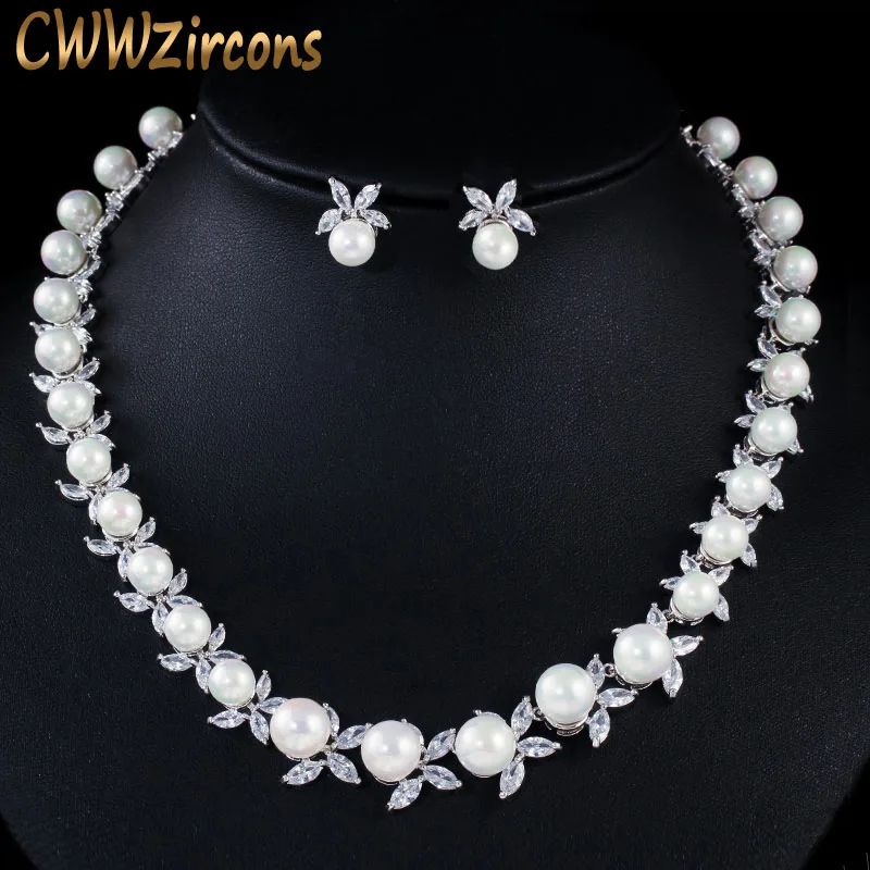 CWWZircons Shiny Cubic Zirconia Paved Round Big Pearl Bridal Wedding Party Necklace Earrings Jewelry Sets for Women T359