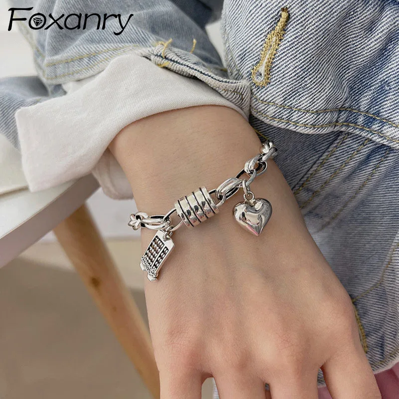 Foxanry Stamp Bracelets for Women INS New Trendy Vintage Creative Abacus Love Heart Thick Chain Party Jewelry Gift