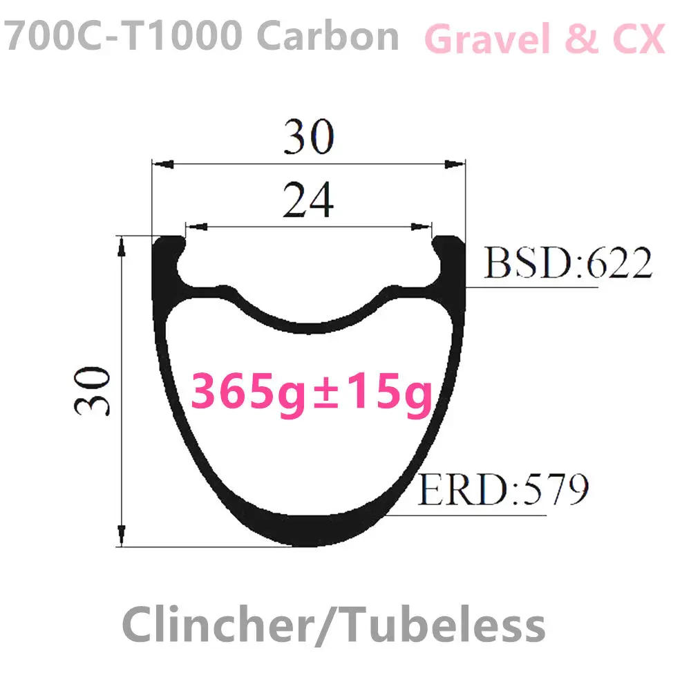 

T1000 Ultralight 365g 30x30mm intrenal 24mm 700C Carbon Gravel CX Road Rims Clincher Tubeless compatible carbon wheel