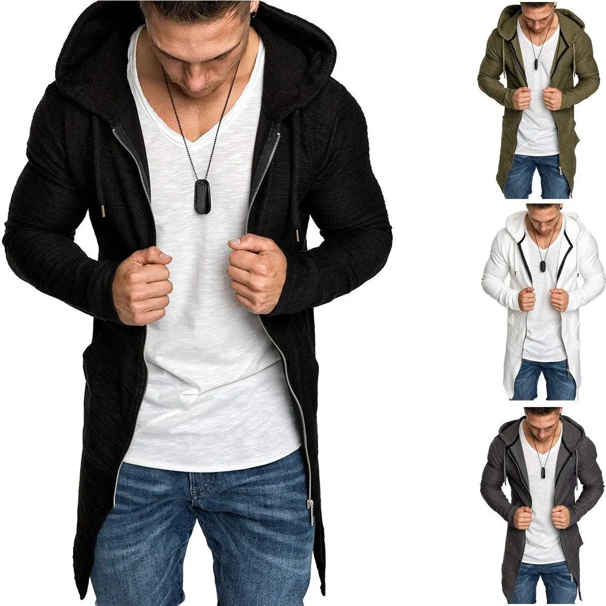 

Men Hooded Trench Coat Autumn Winter New Fashion Slim Mid-Length Dovetail Cardigan Zipper Windbreaker Male Overcoat Jacket Coat