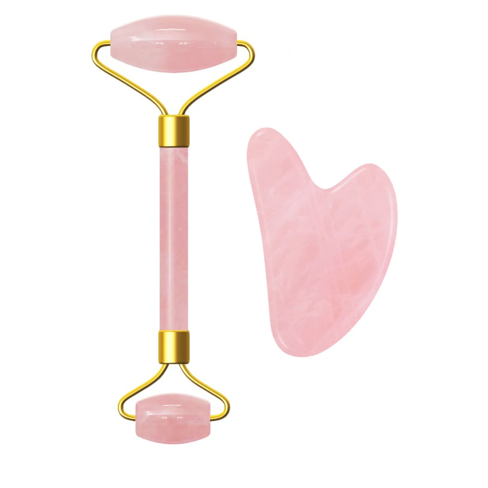 Rose Quartz Gezicht Massage Roller Natuurlijke Jade Schraper Plaat Dubbele Hoofd Afslanken Gezicht Massager Roller Gezicht Anti Rimpel Verwijderen