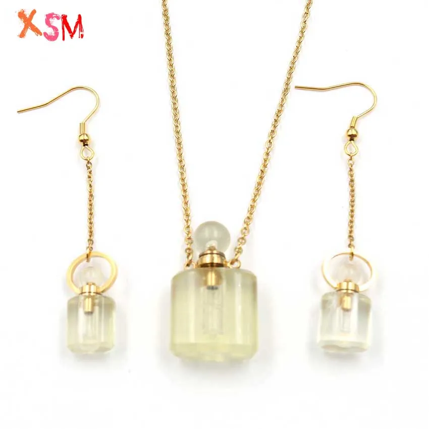 

XSM Scent-bottle Earrings Pendant Necklace for Women Gift Rectangular Shape Essential Oil Perfume Bottles Charms Jewelry Sets