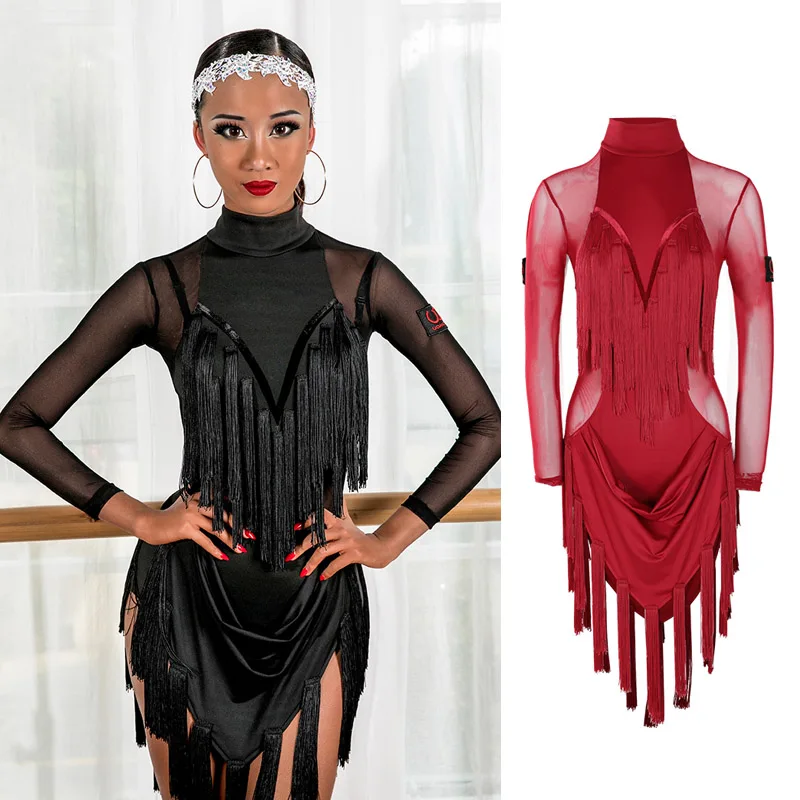 

Latin Dance Dress Lady Tango Rumba Cha Cha Samba Performance Wear Seethrough Mesh Long Sleeve Tassel Competition Dresses DN4369