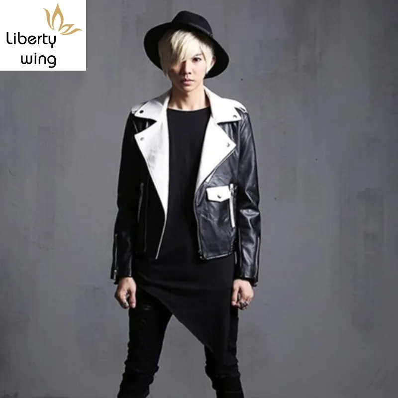 

New Arrival Fashion Mens Punk Gothic Motor Leather Jacket Man Slim Fit Short Coat Outwear Black/white Biker Jackets Male 2xl