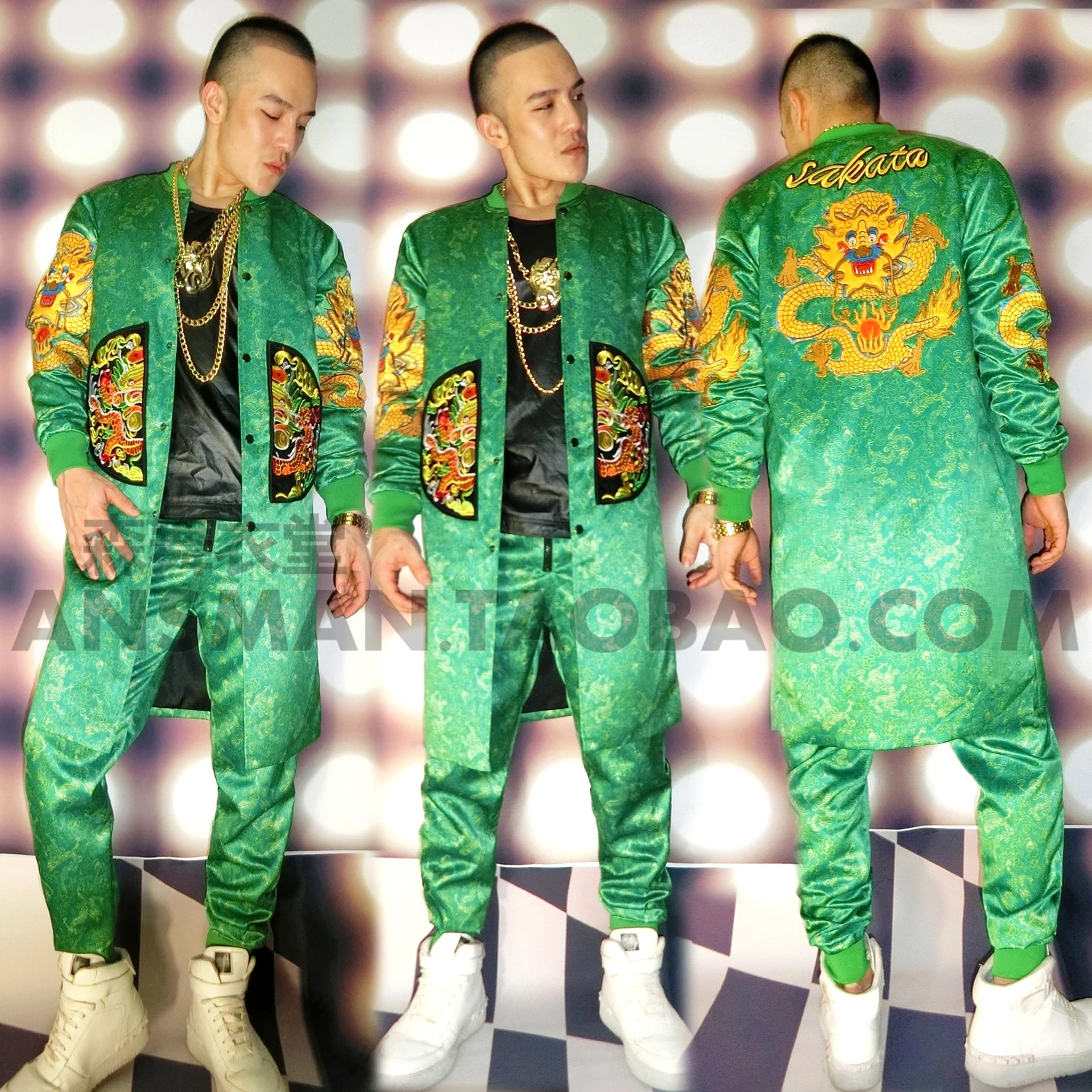 Nightclub male singer DJ green satin robe embroidery atmosphere loose men's suit costume