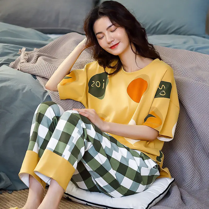 Women\'s Cotton Pajamas 2023 Spring Summer New Cute Cartoon Short-sleeved Trousers Sleepwear Two-piece Female Pijama Home Suit