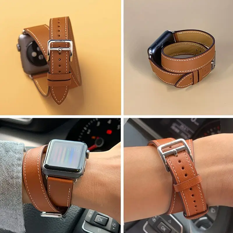 Double Tour Strap for Apple watch band 45mm 41mm 44mm/40mm 42mm/38mm Leather watchband bracelet iWatch series 5 4 3 se 6 7 band