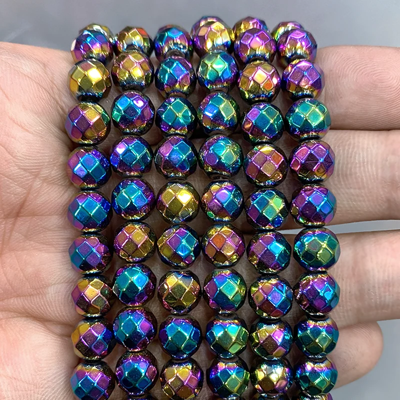 Smooth Faceted Rainbow Color Hematite Natural Stone Loose Beads For Jewelry Making DIY Bracelet Ear Studs 15'' 2/3/4/6/8/10mm