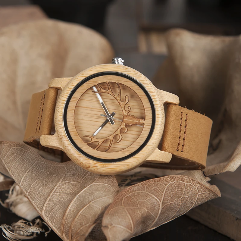 BOBO BIRD Bamboo Watch Men Wood Quartz Wristwatches With Deer Buck Head Design Real Leather Band Customize Relogio Drop Shipping