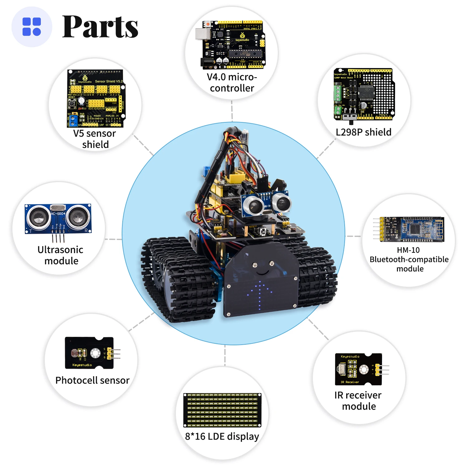 Keyestudio DIY Mini Tank Robot V2.0 Smart Robot Car Kit forArduino Robot Kit STEM+ 15Projects IOS &Android Control CE Compliant