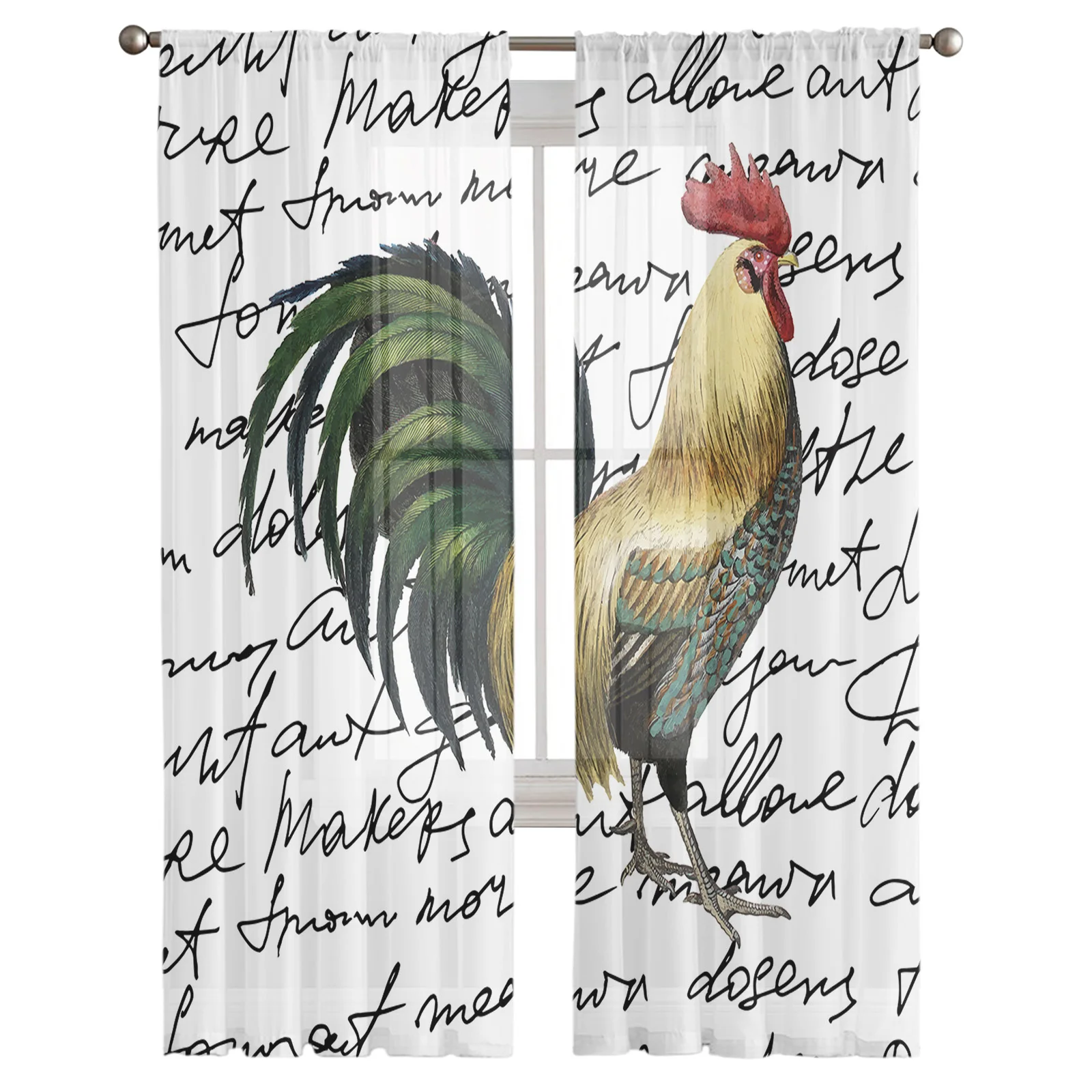 Rooster Handwritten Text Retro Curtain For Living Room Transparent Tulle Curtains Window Sheer For The Bedroom Accessories Decor