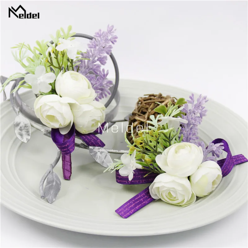 Meldel Boutonniere Bruid Pols Corsage Bruidegom Boutonniere Kunstmatige Bloem Meisje Armband Wit Paars Bruiloft Corsages