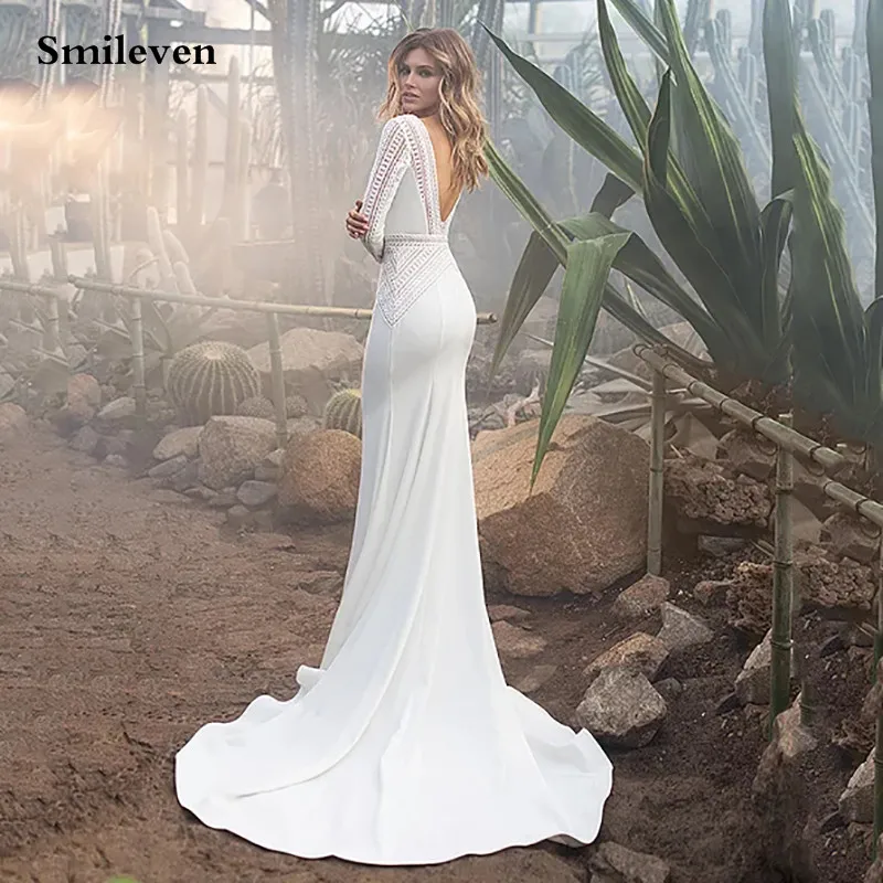 Smilevenชุดเดรสเมอร์เมดแขนยาวเซ็กซี่VคอBohoลูกไม้ชุดเจ้าสาวGowns 2021 Backless Vestido De Noiva