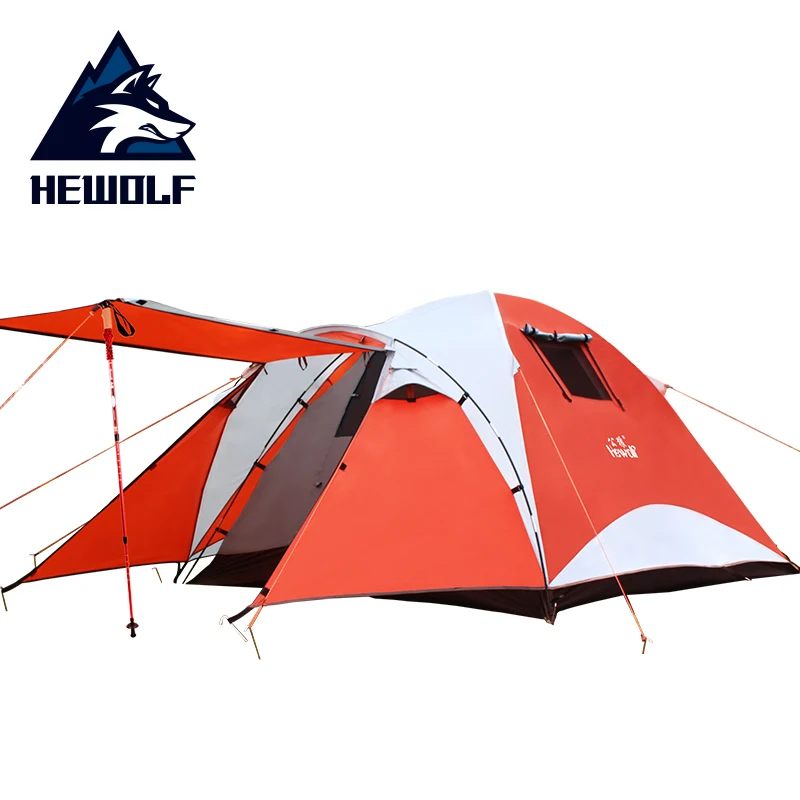 Hewolf Outdoor Camping 3~4 Person Tent Waterproof Double Layer Aluminum Rod Rainproof Large Family Tourist Tents for Hiking